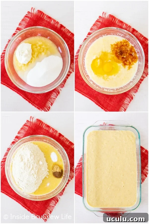 Four pictures collaged together showing how to make a pineapple sunshine cake