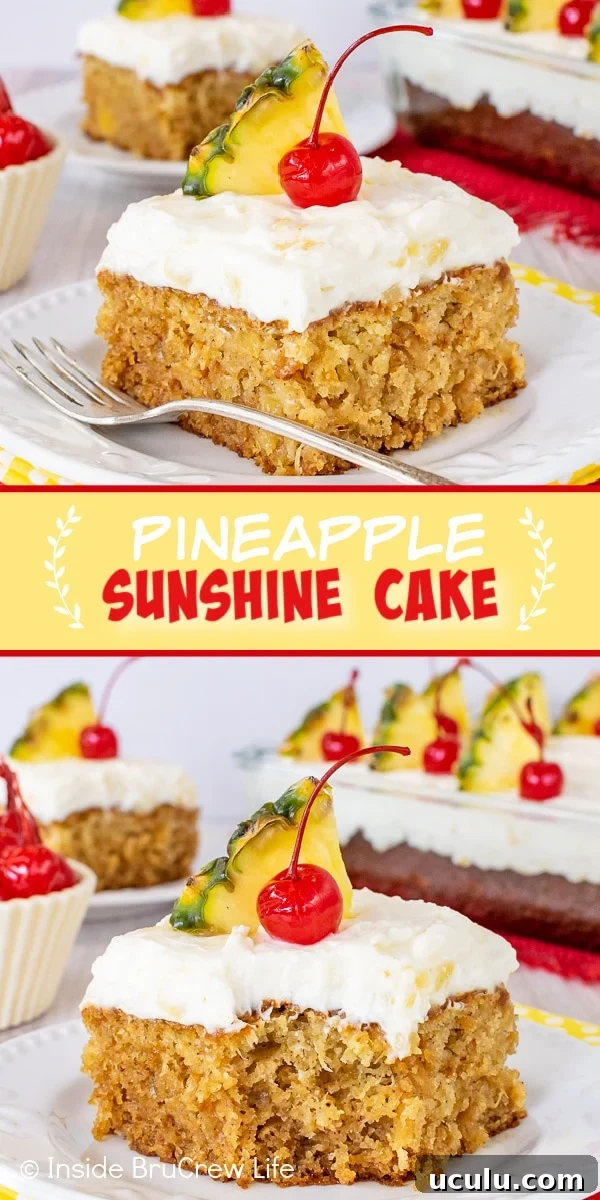 Two pictures of Pineapple Sunshine Cake collaged together with a yellow text box