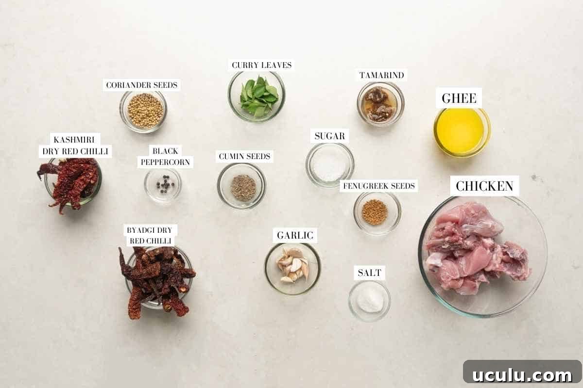 Picture of all the ingredients required for Chicken Ghee Roast with text to identify them