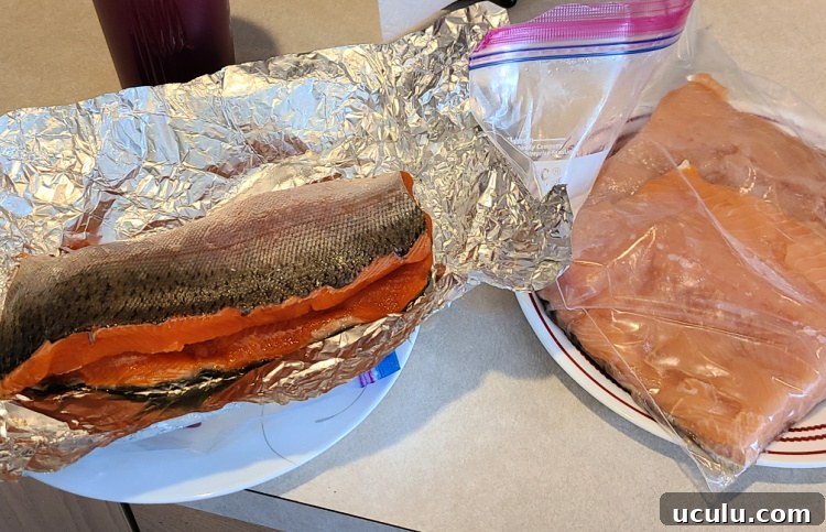 Salmon Fillets on foil and plate