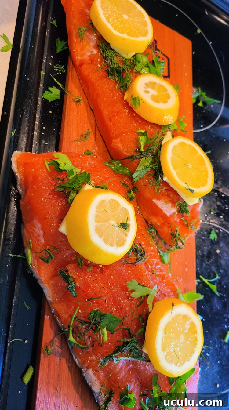 Two salmon filets on cedar lanks with dry brine and butter with lemon