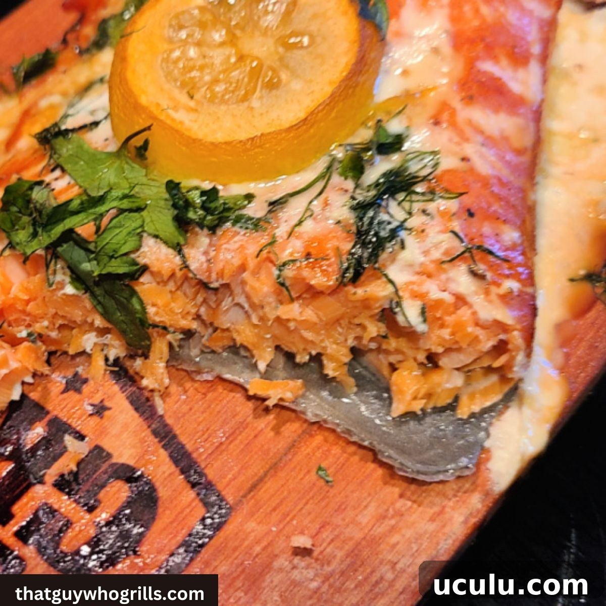 Pit Boss Cedar Plank Salmon served on a cedar plank