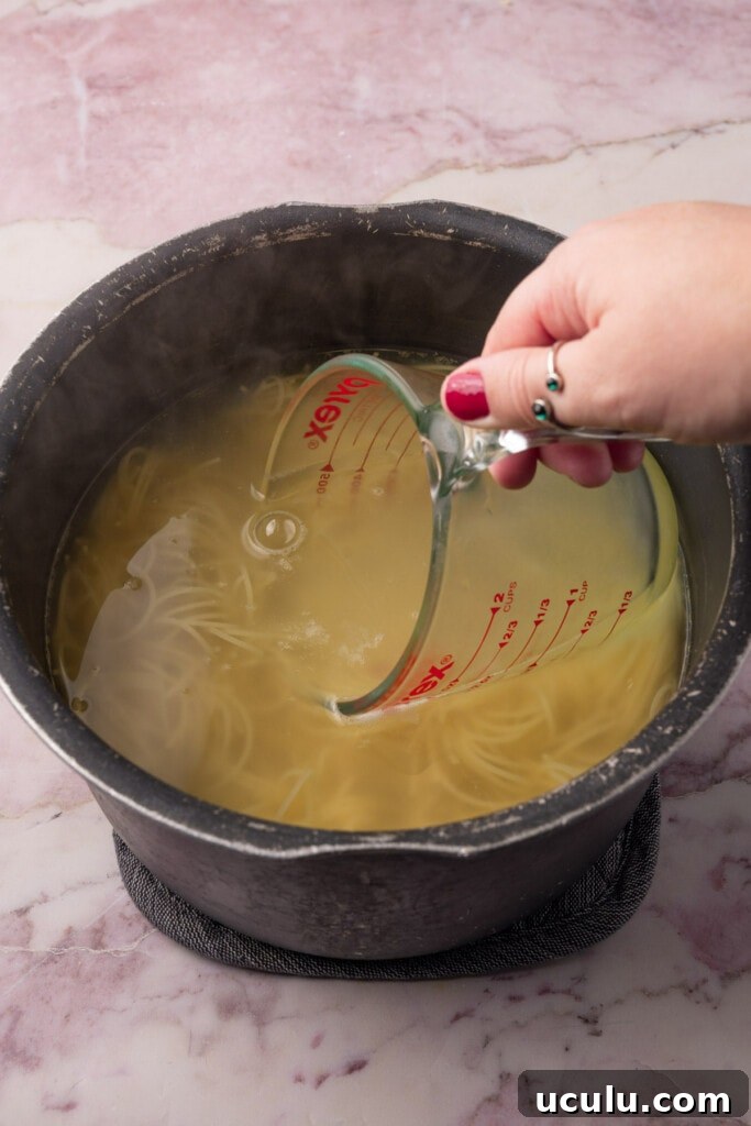 Make sure to conserve at least a cup of the water the pasta cooks in before straining your pasta. 