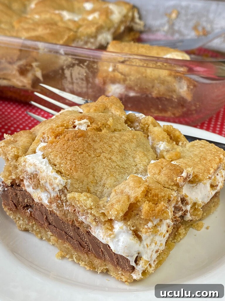 A piece of cake that looks like a smore on a white plate in front of the 9 x 13" baking dish full