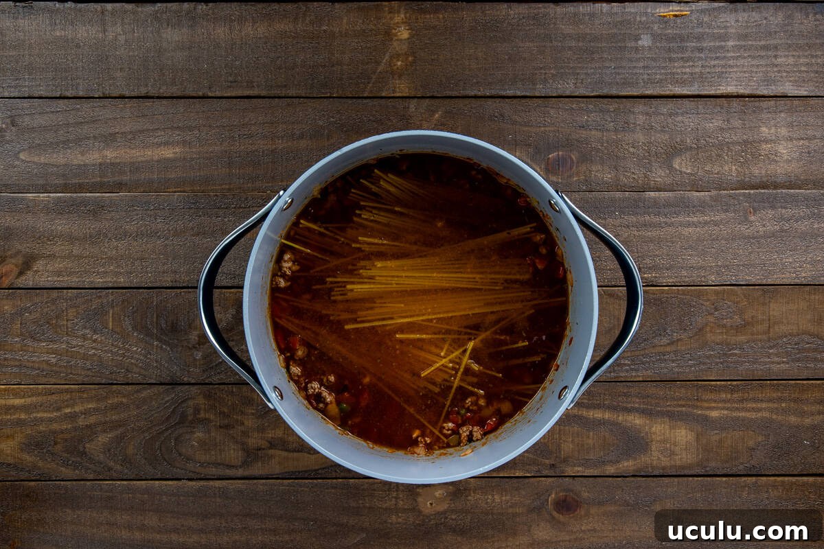 Spaghetti noodles and broth added to the pan.