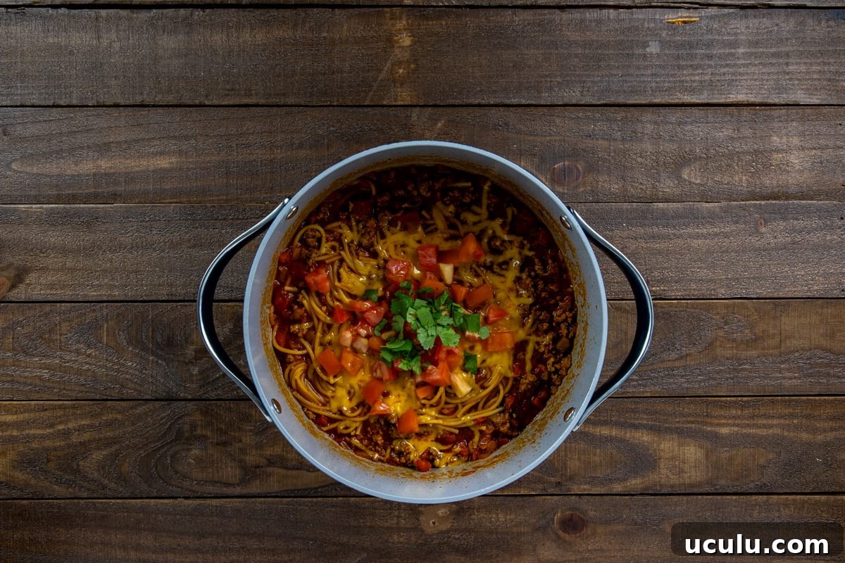 Cooked Mexican Spaghetti in the pan.