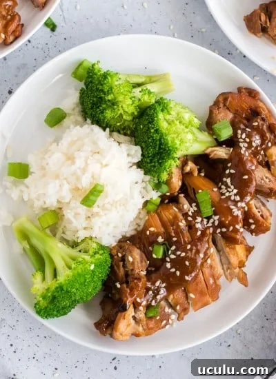 overhead view of teriyaki chicken on white plate with broccoli and rice