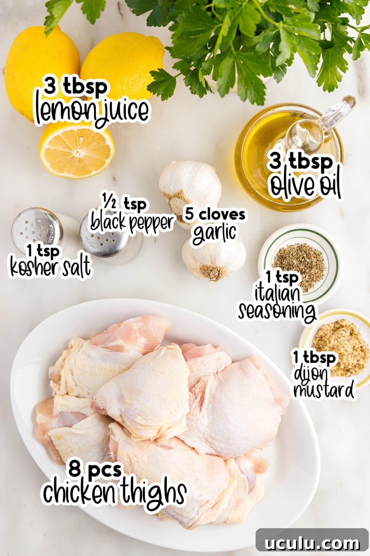 Ingredients needed to make Baked Chicken Thighs with text overlay.