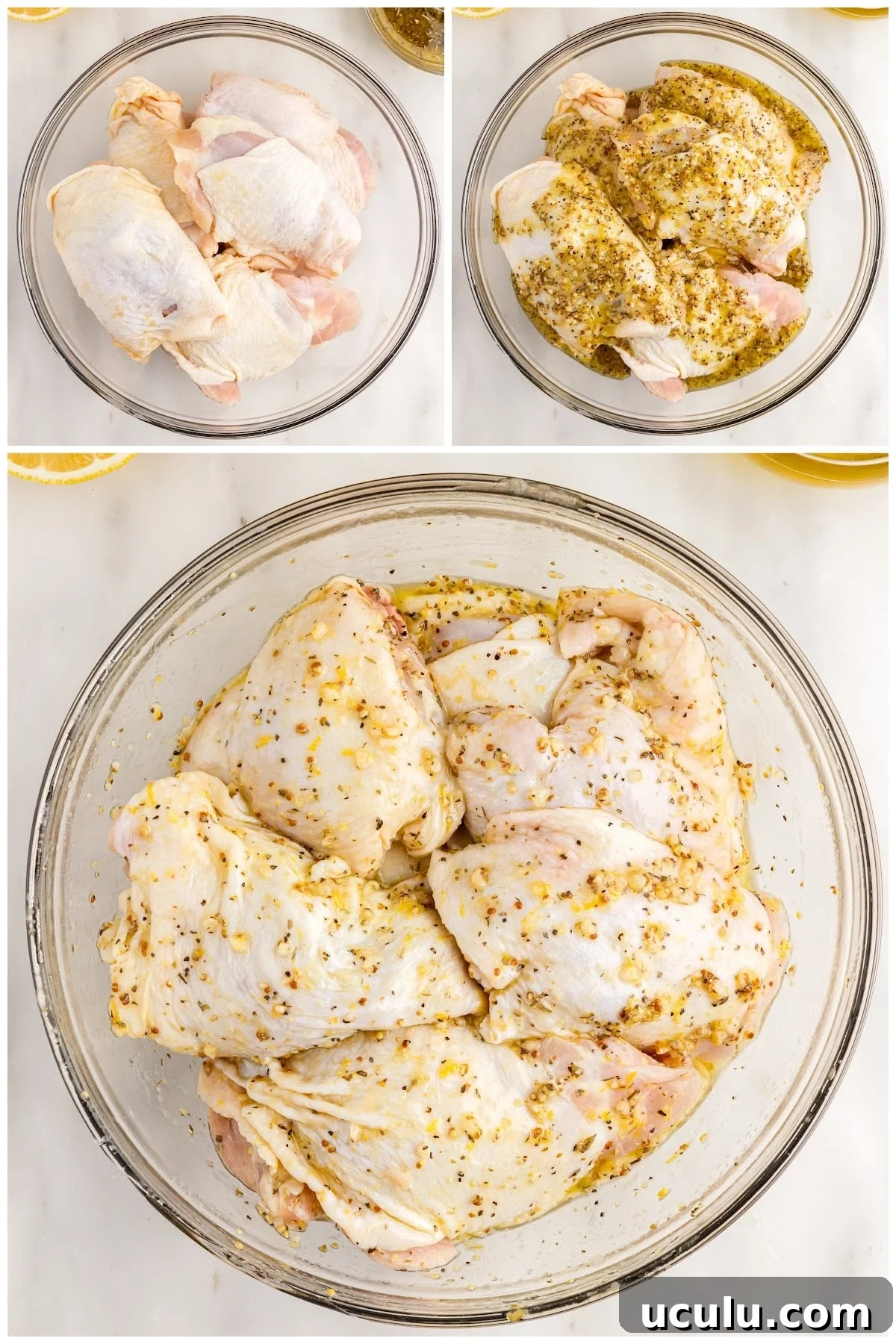 Chicken thighs in a bowl being coated in marinade.