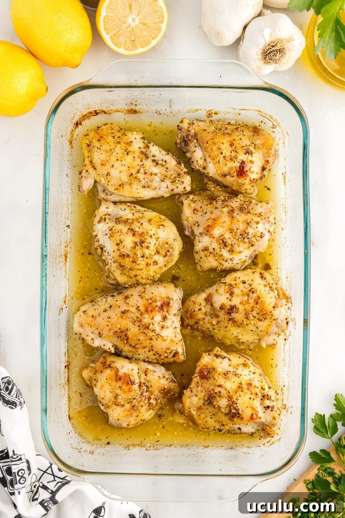 Overhead view of Baked Chicken Thighs after being baked in a 9x13.
