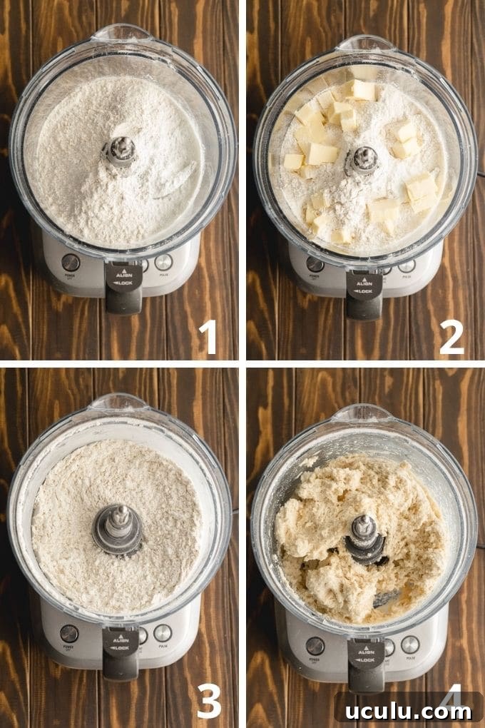 Collage of 4 images showing how the dough comes together in a food processor.