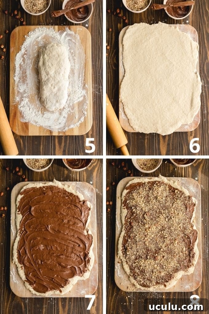 Collage of 4 images showing how the dough is rolled out and topped with Nutella and hazelnuts.