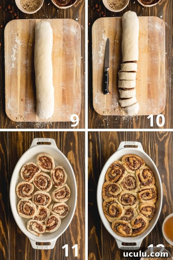 Collage of 4 images showing how the chocolate hazelnut rolls are rolled, cut, arranged and baked.