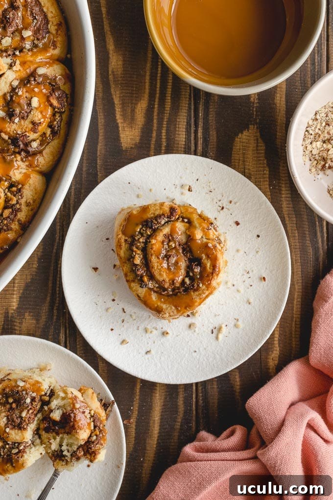 Overhead view of a chocolate hazelnut roll on a white plate.
