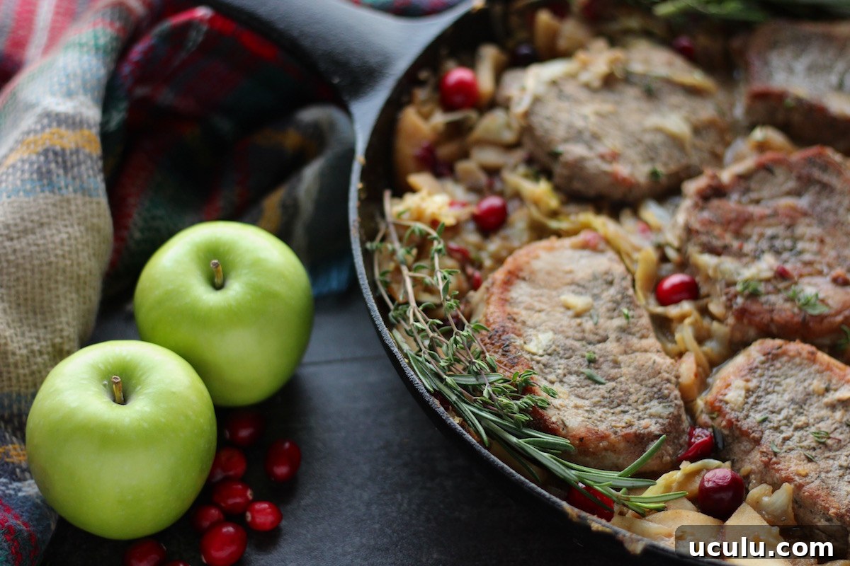Apple Cranberry Skillet Pork Chops (AIP, Paleo) - a colorful, flavorful take on pork chops, loaded with apples, cranberries, onions, and cabbage for a sweet and savory meal! | fedandfulfilled.com