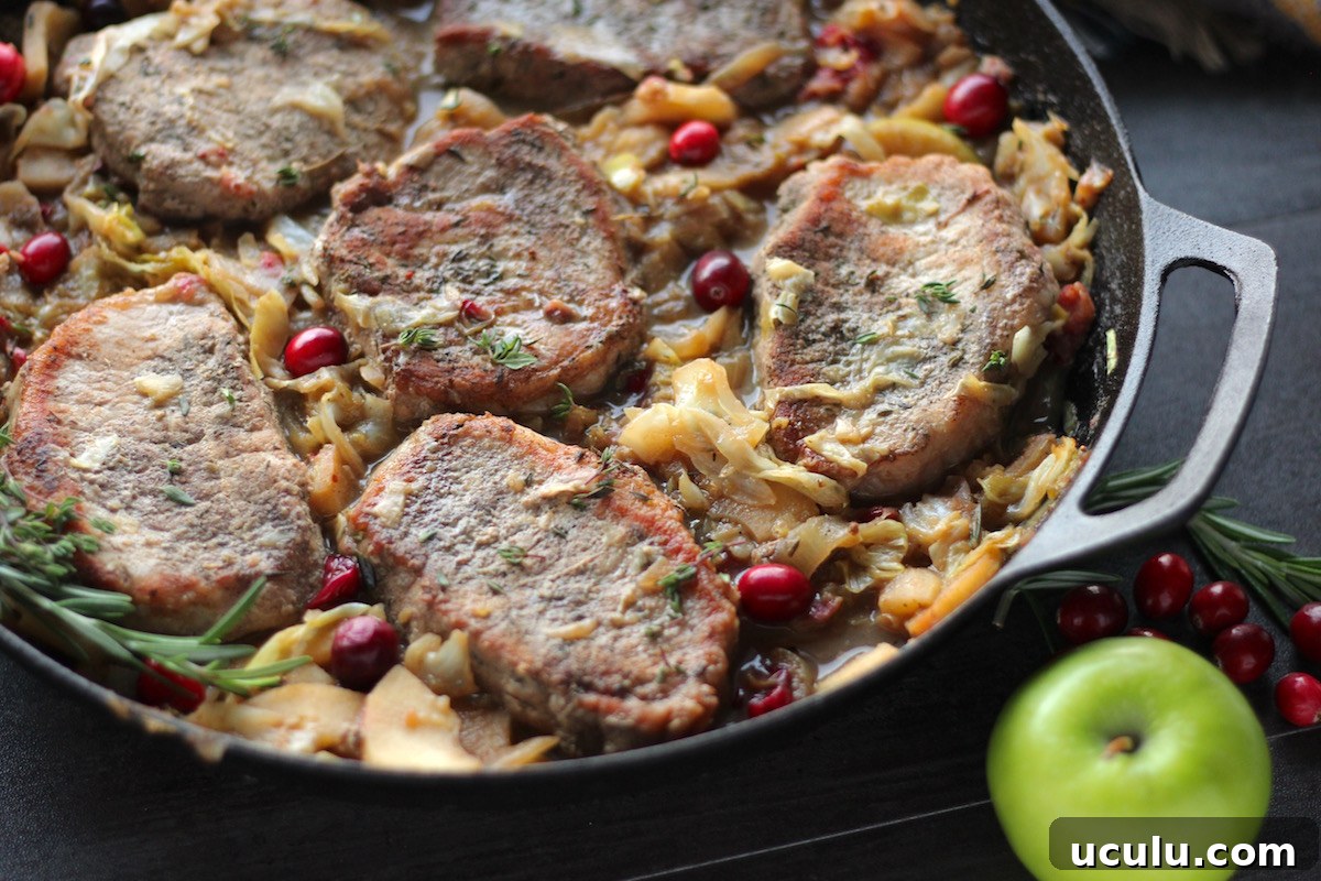 Apple Cranberry Skillet Pork Chops (AIP, Paleo) - healthy and delicious dish that is special enough for Christmas or New Year's and simple enough for a weeknight meal! | fedandfulfilled.com