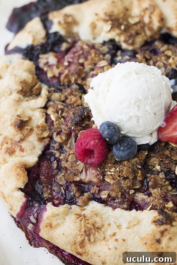 a close up photo of a gallete filled with berries and topped with vanilla ice cream