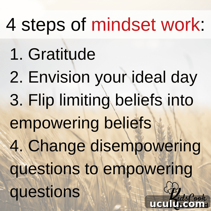 4 steps of mindset work: 1. Gratitude 2. Envision your ideal day 3. Flip limiting beliefs into empowering beliefs 4. Change disempowering questions to empowering questions
