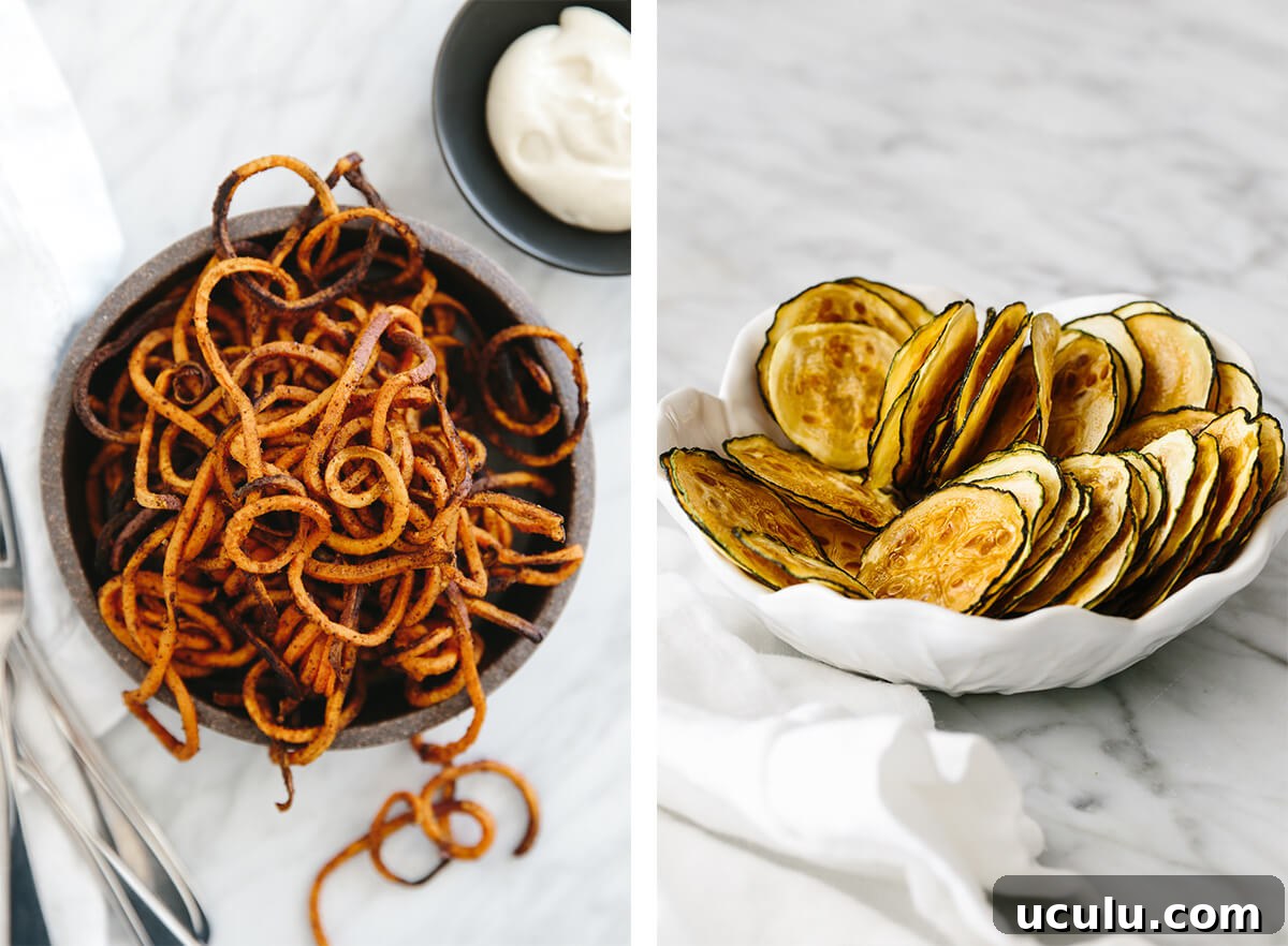 Whole30 snacks with zucchini chips and sweet potato fries.