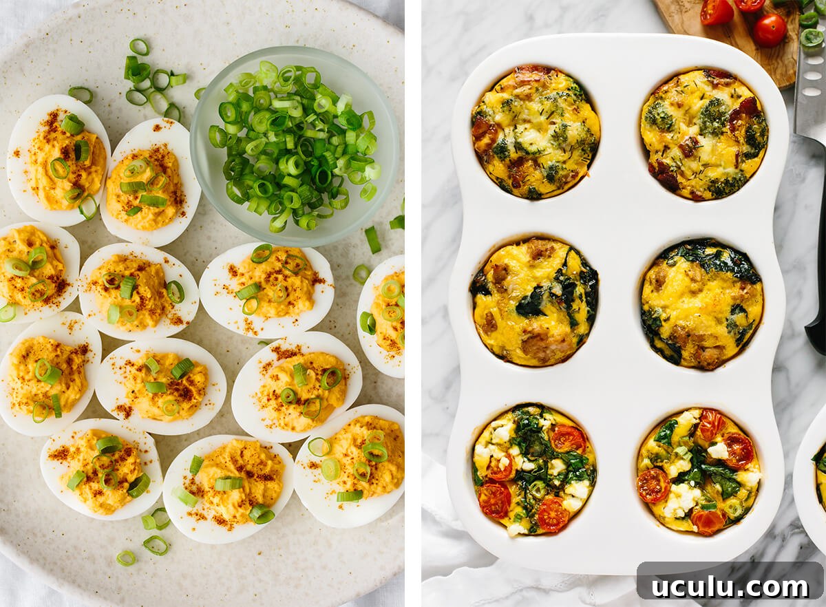 Whole30 snacks with deviled eggs and egg muffins