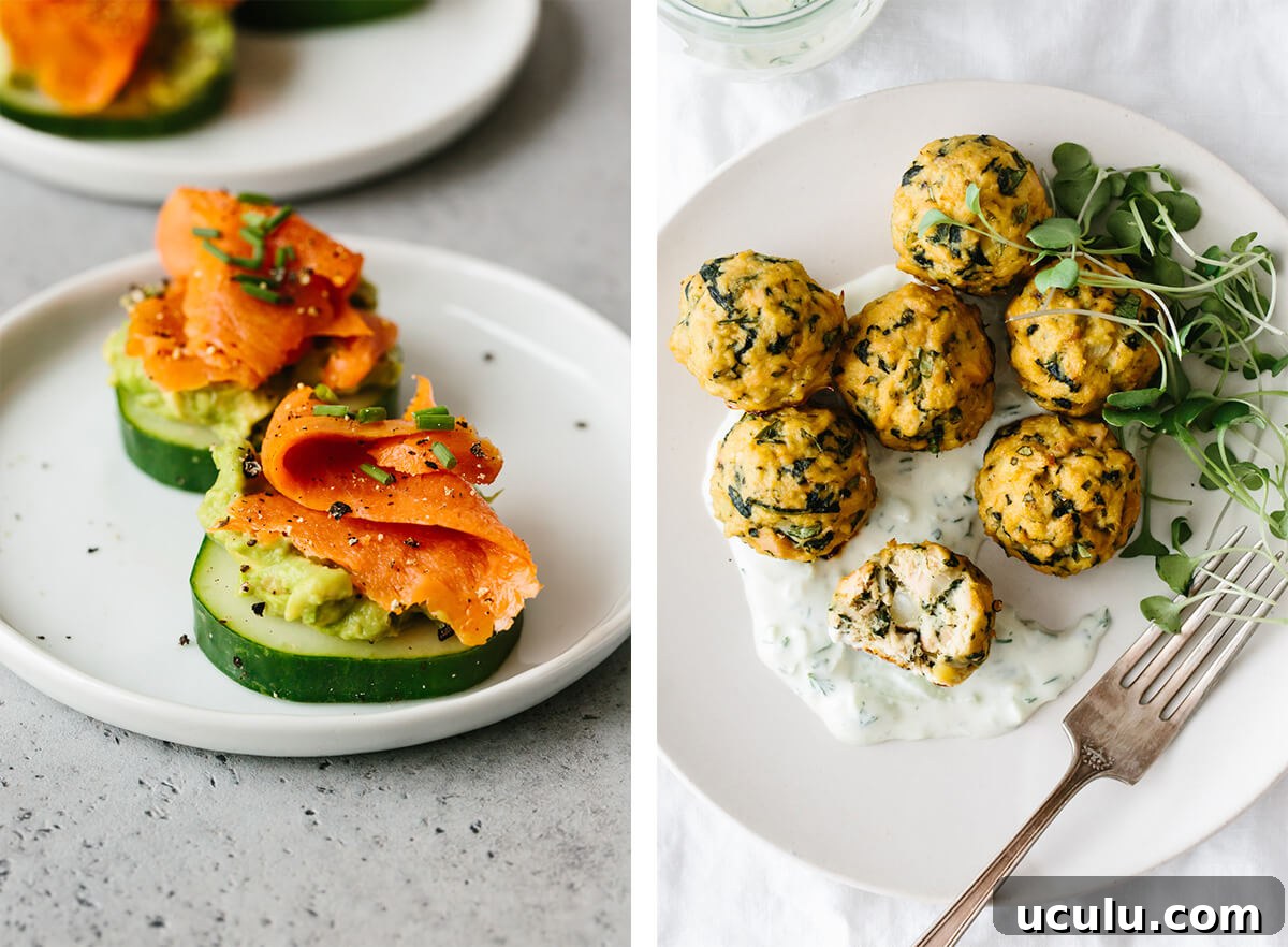 Whole30 snacks with tuna meatballs and smoked salmon bites.