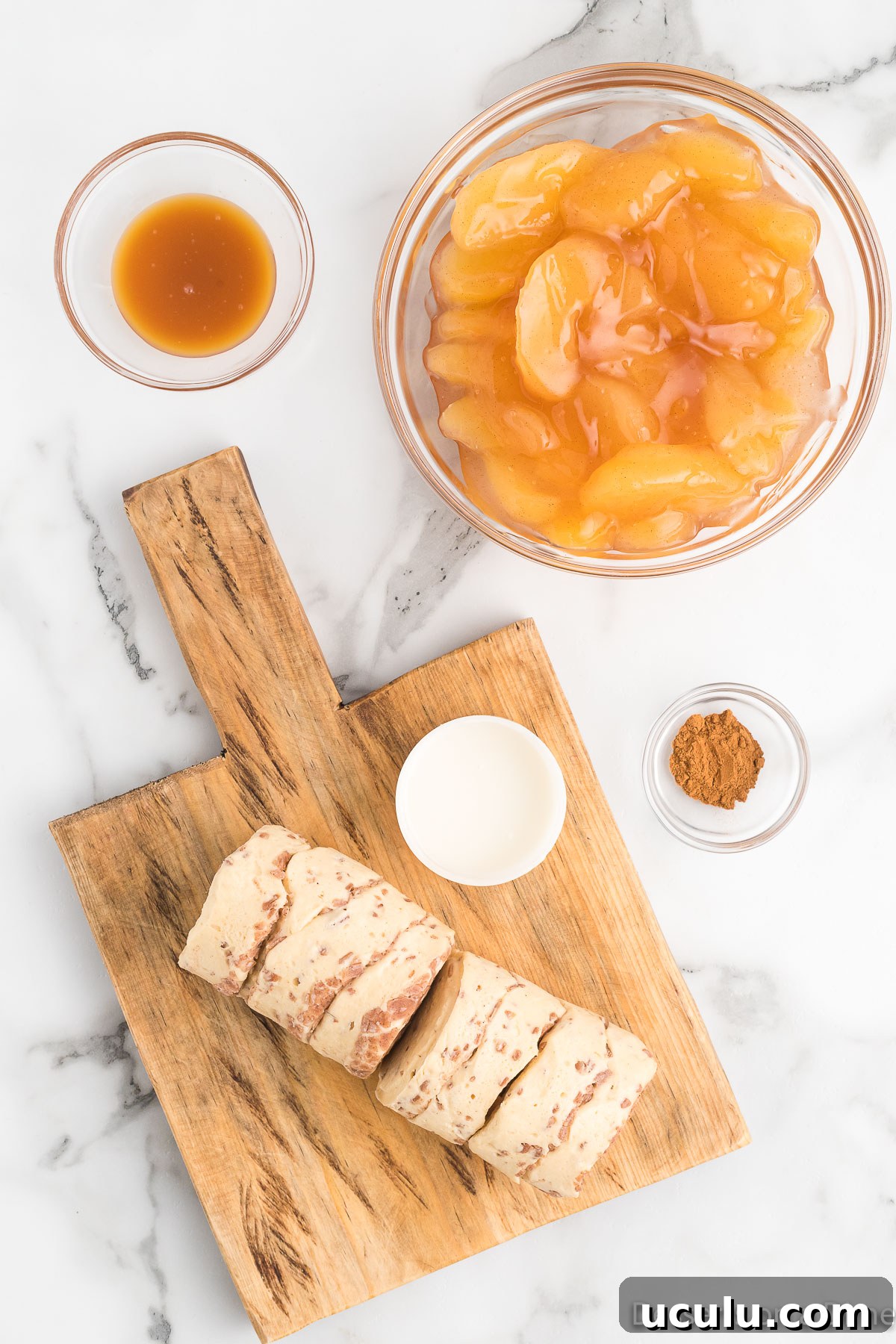 Cinnamon rolls, apple pie filling, caramel sauce, cinnamon