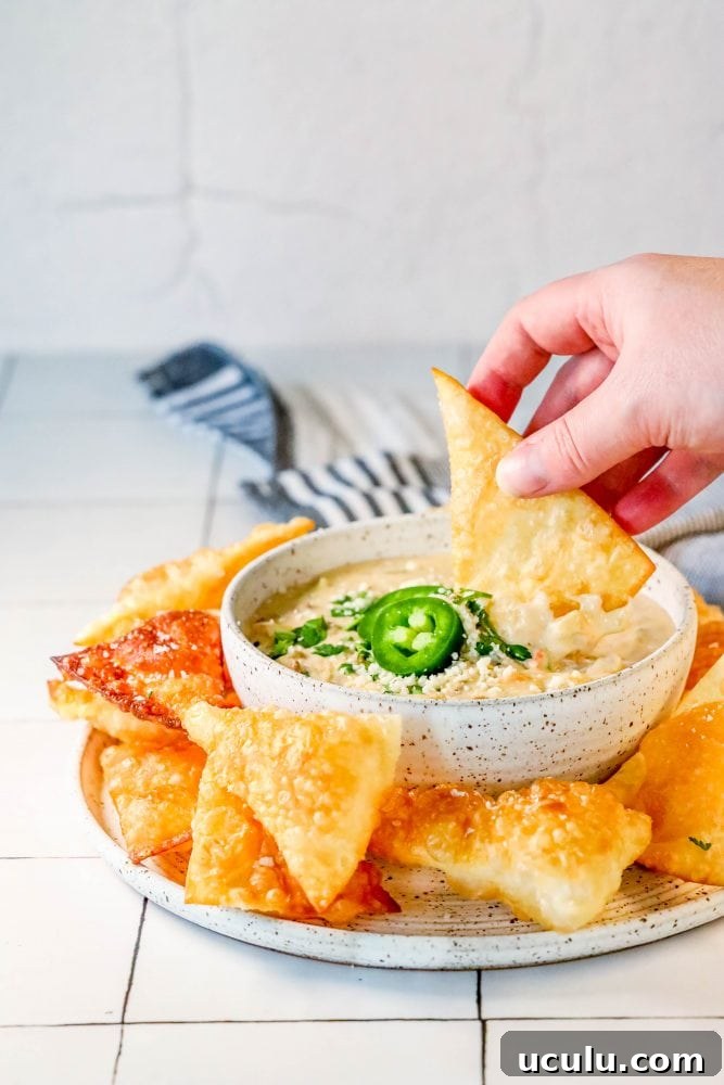 white queso with jalapenos, cilantro, and chips being dipped in it