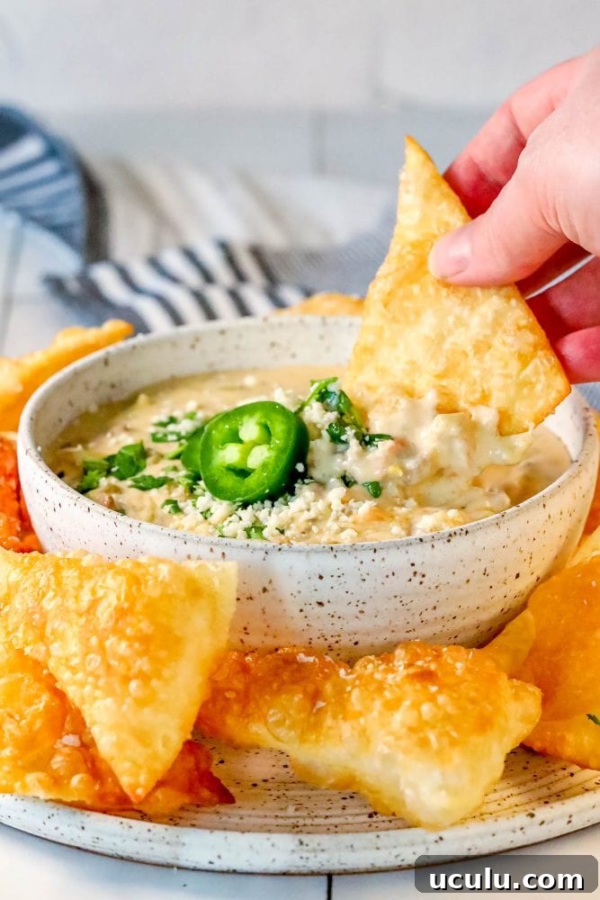 white queso with jalapenos, cilantro, and chips being dipped in it