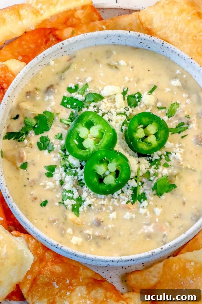 white queso with jalapenos, cilantro, and chips