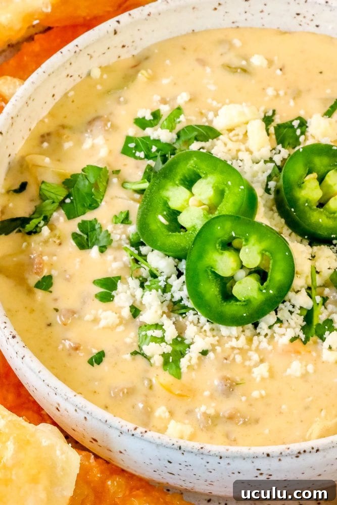 white queso with jalapenos, cilantro, and chips