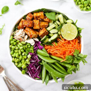 A white bowl holding a large salad, consisting of: sesame tofu, cucumbers, a lime, carrots, snap peas, red cabbage, edamame, and almonds.