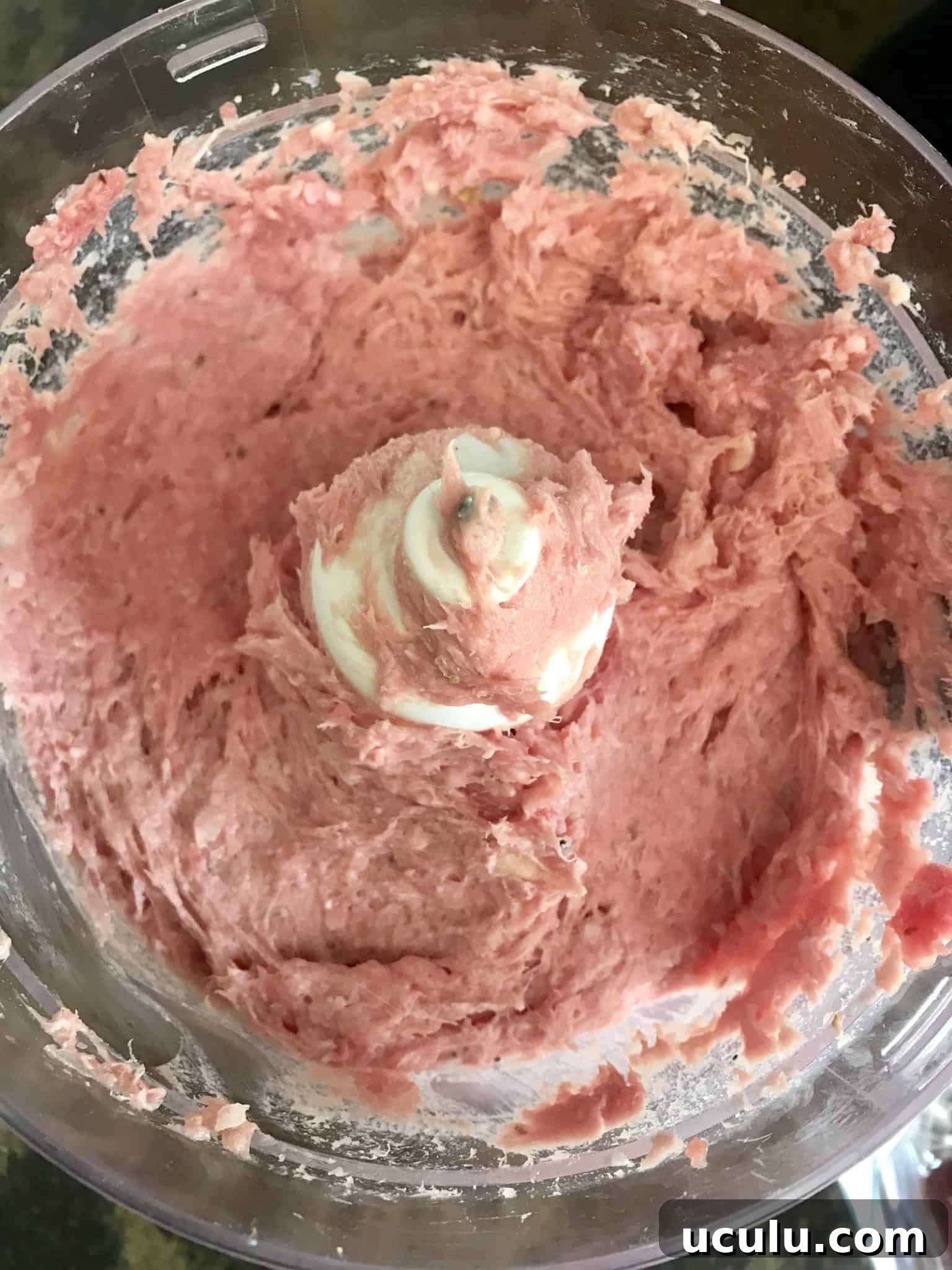 Gyro Meat being mixed in food processor overhead shot
