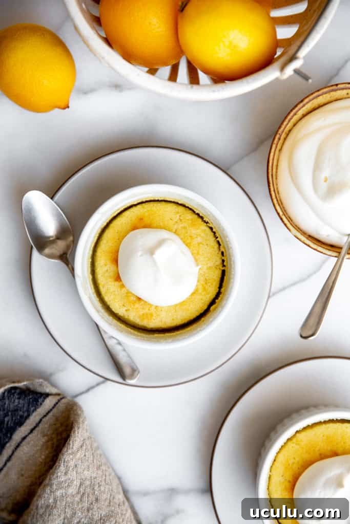 A lemon pudding cake dolloped with whipped cream with a spoon alongside.