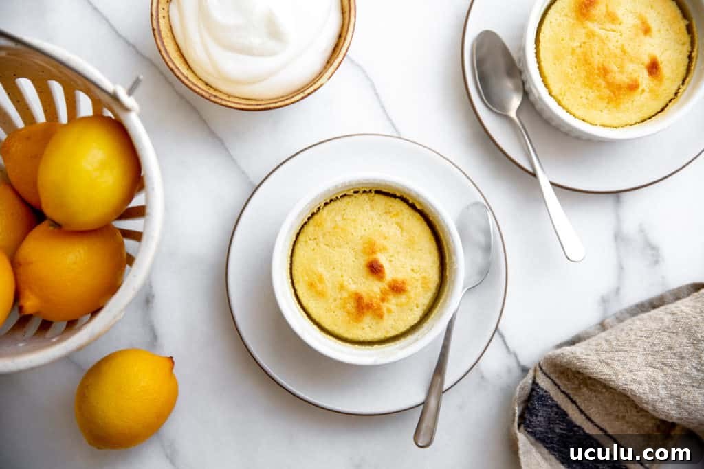 The baked lemon pudding cakes in ramekins.