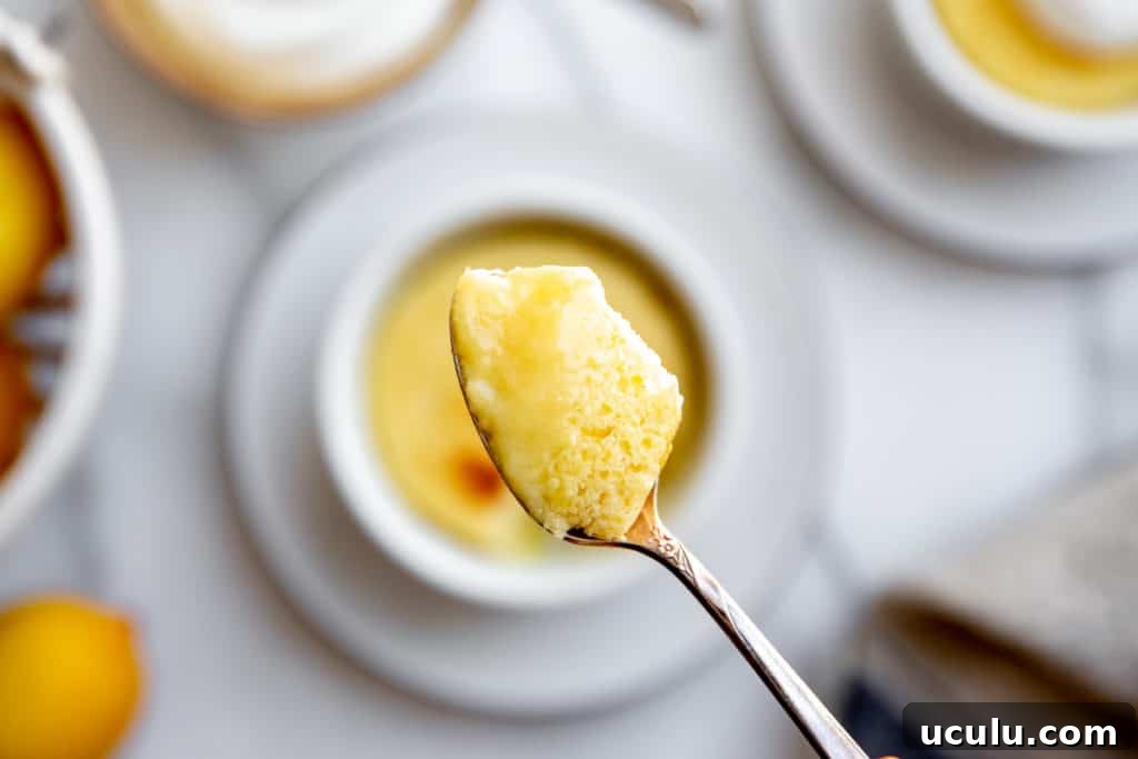 Close-up of a spoonful of lemon pudding cake.