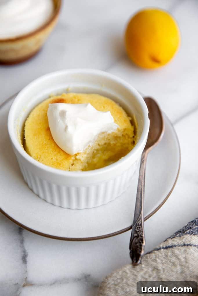 A lemon pudding cake with a bite taken out.