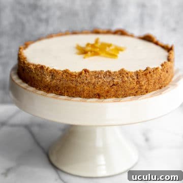 Creamy lemon pie with almond crust on cake stand with pie server on the side