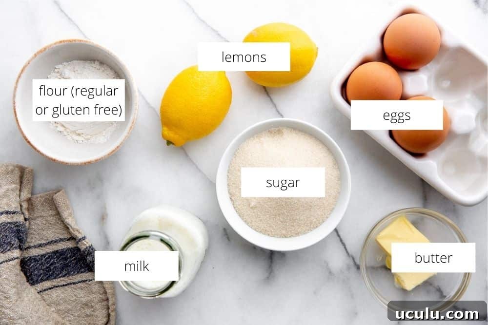 All of the ingredients for the lemon pudding cakes arranged on a marble surface with labels.