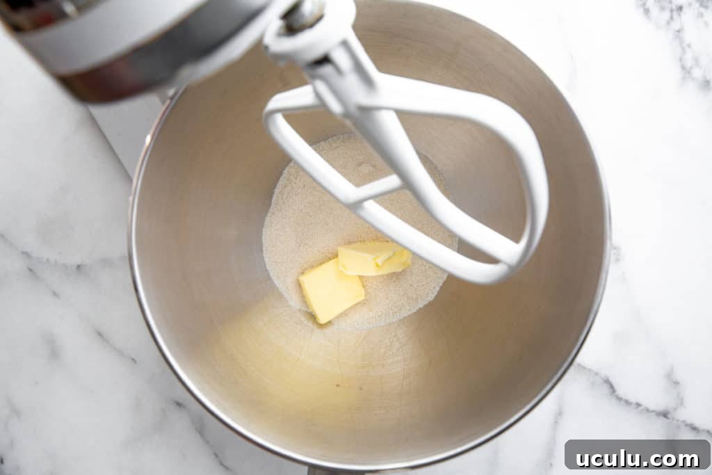 Process shot showing butter and sugar in a stand mixer.
