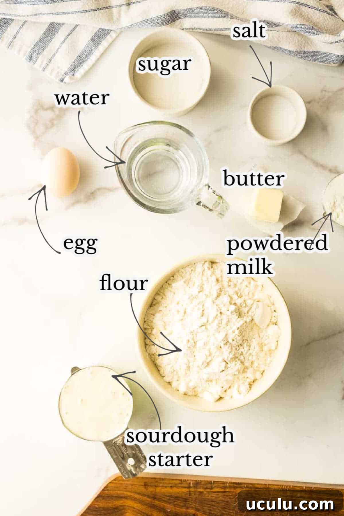 flour, sourdough starter, powdered milk, salt, sugar, and butter