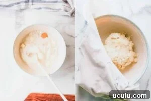 ingredients in mixing bowl before and after stirring.