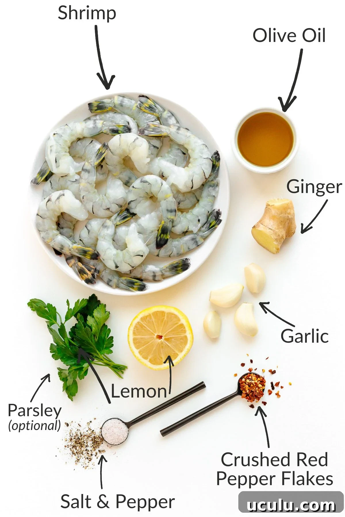 Labelled photo of ingredients needed to make this pan seared shrimp recipe.
