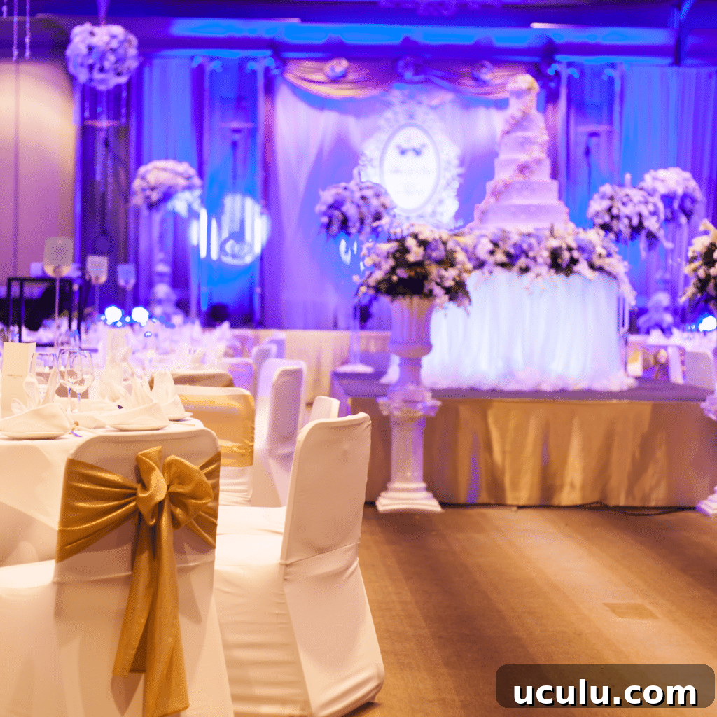 Marriage celebration with cake, banquet table. Flowers and decorations.
