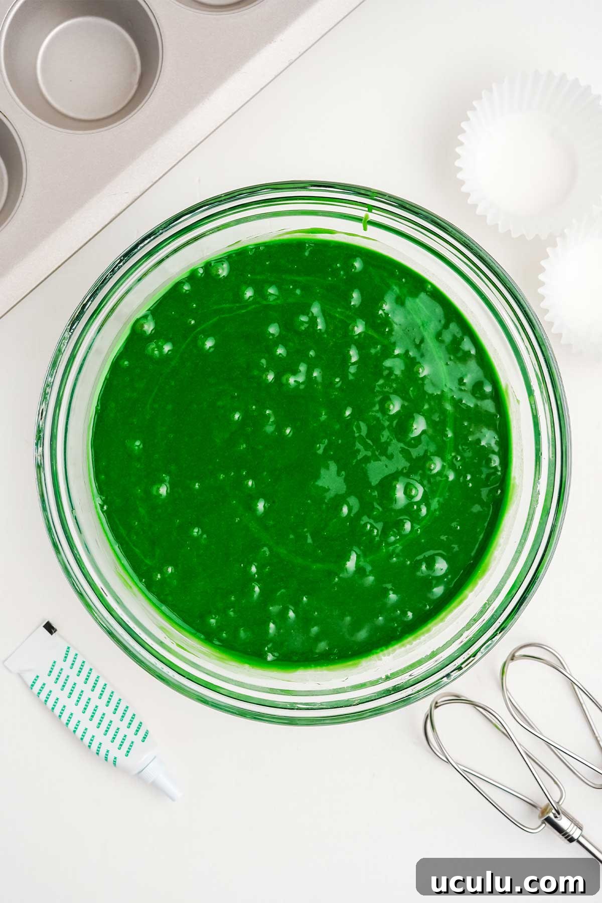 Green food coloring added to the batter.