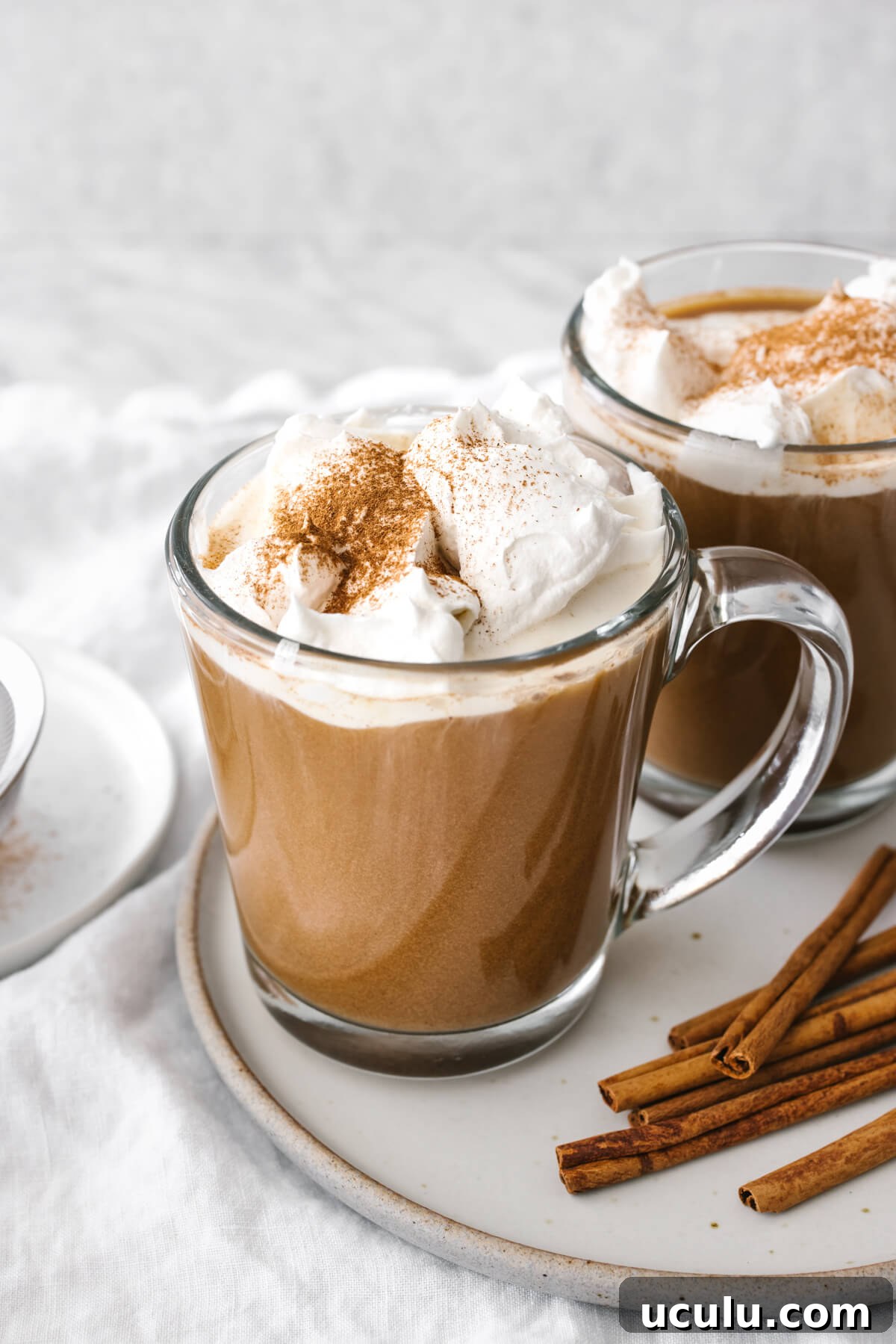 Two cups of pumpkin spice lattes on a plate.