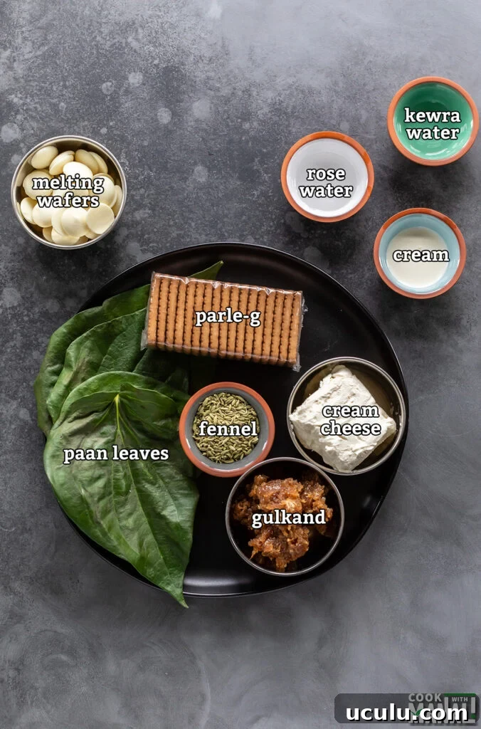 ingredients for paan cheesecake truffles arranged on a board