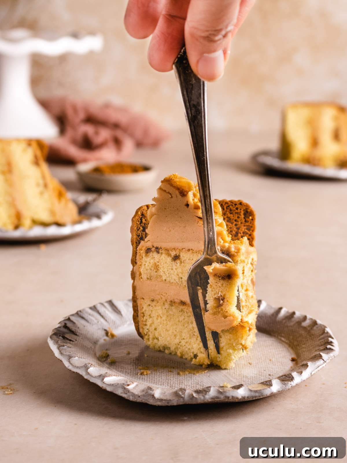 A slice of biscoff cake.