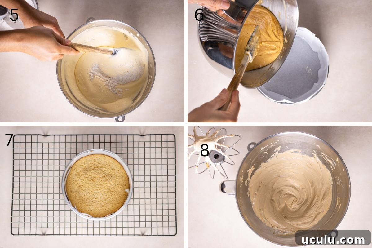 Adding the cake batter into cake pan, and  making buttercream.