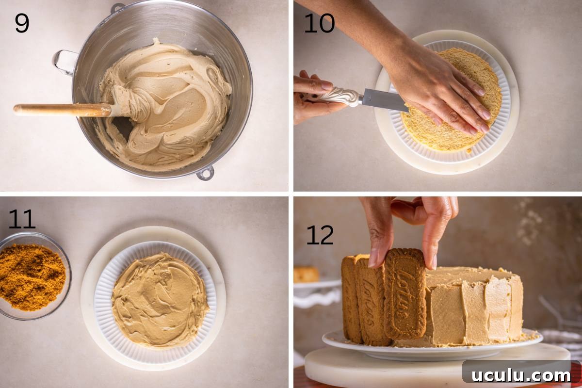 decorating the cookie butter cake with biscoff cookies.