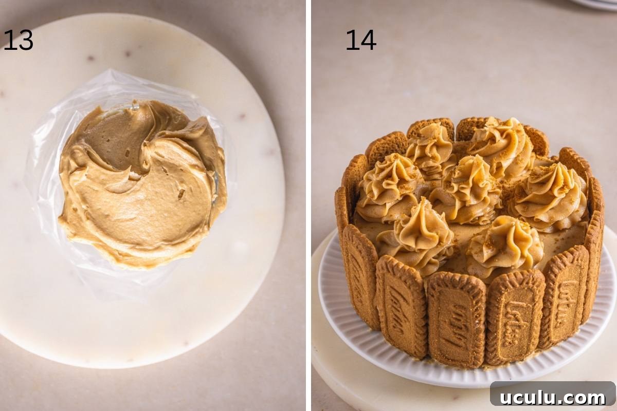 Adding buttercream swirls to the top of the cake.